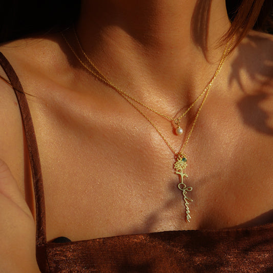 BIRTH FLOWER AND STONE NAME NECKLACE | 925 SILVER GOLD PLATED