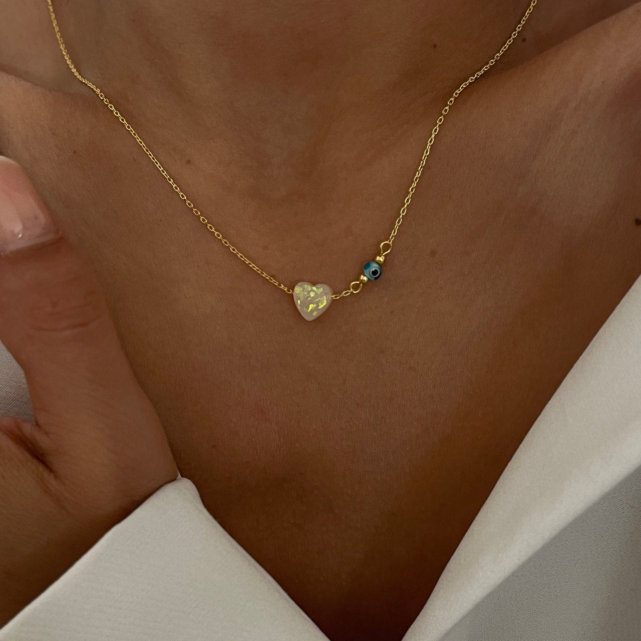 WHITE HEART FATMA MOTHER HAND NECKLACE | 925 SILVER GOLD PLATED