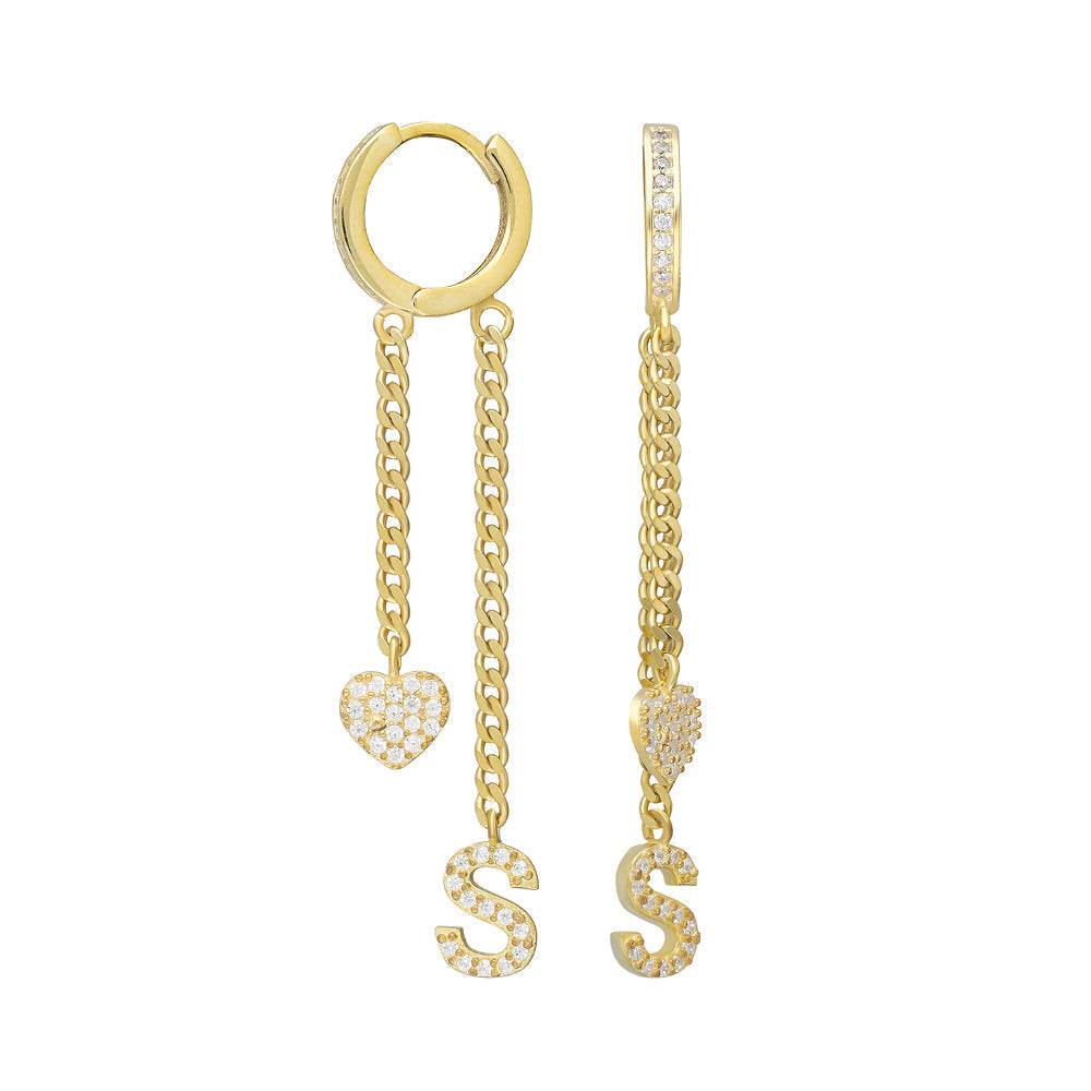 GURMET CHAIN HEART AND LETTER EARRINGS | 925 SILVER GOLD PLATED