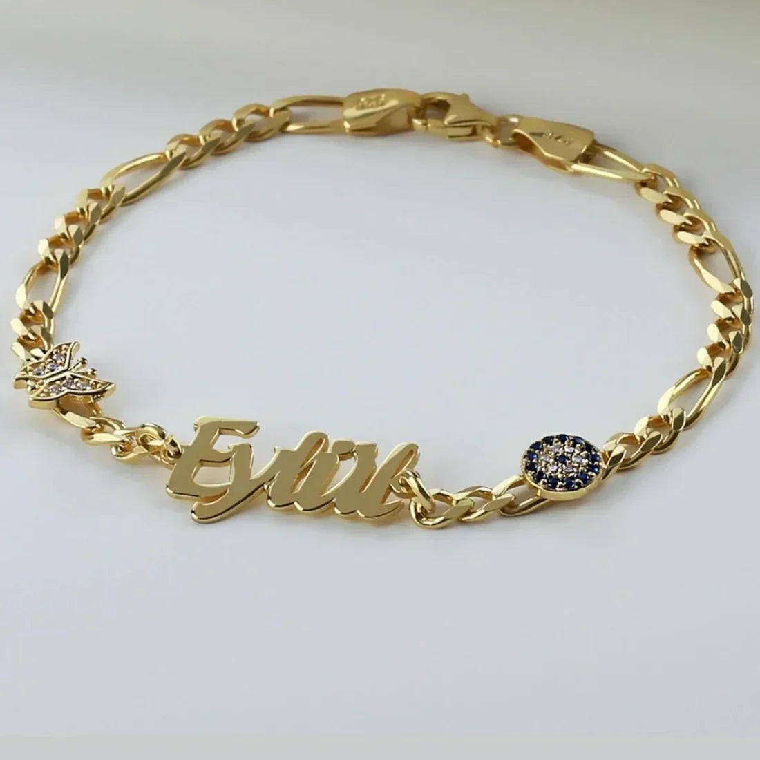 NAME BABY BRACELET WITH NAZAAR AND BUTTERFLY DETAILS | 925 SILVER GOLD PLATED