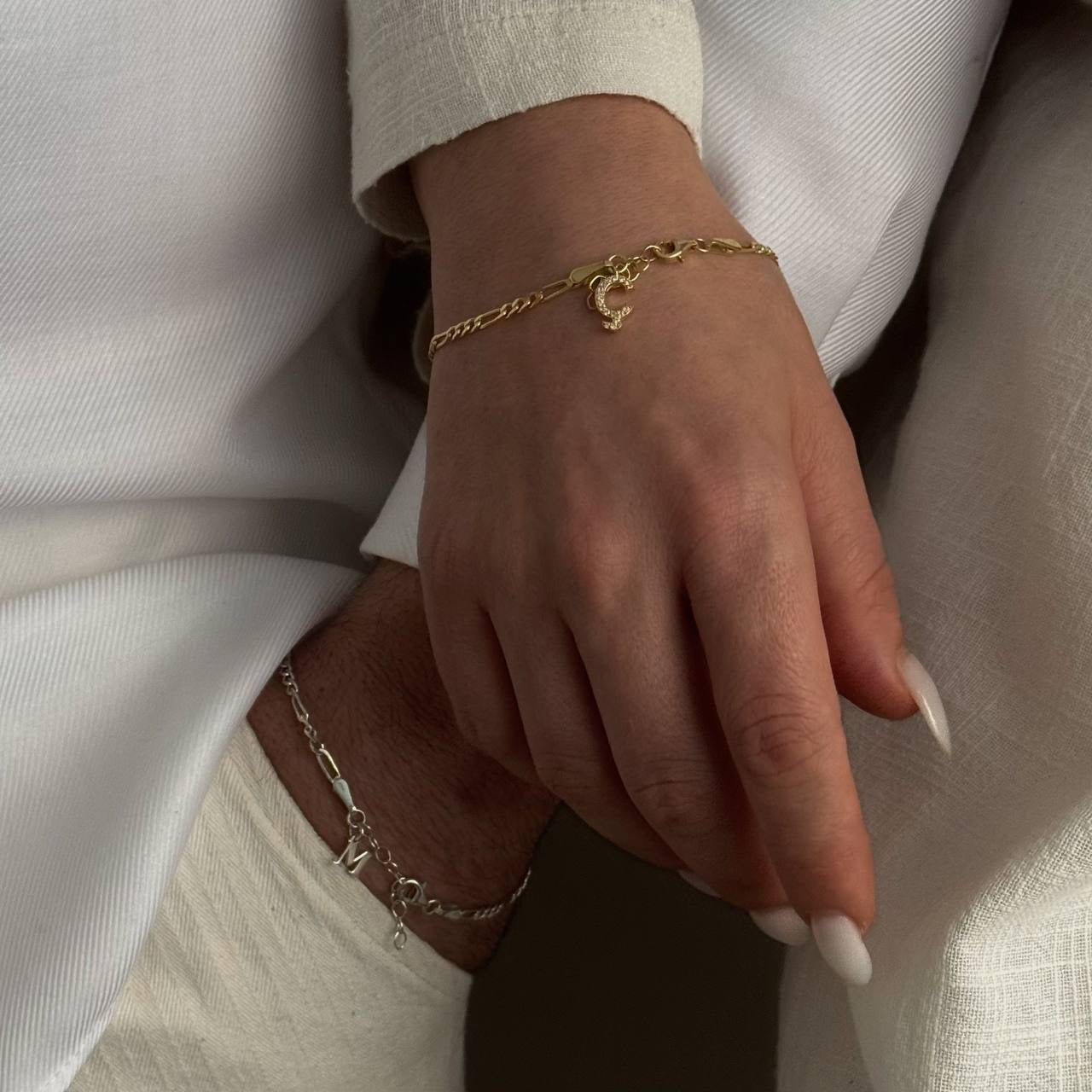 FİGARO CHAIN LETTER DOUBLE COUPLE BRACELET | 925 SILVER GOLD PLATED