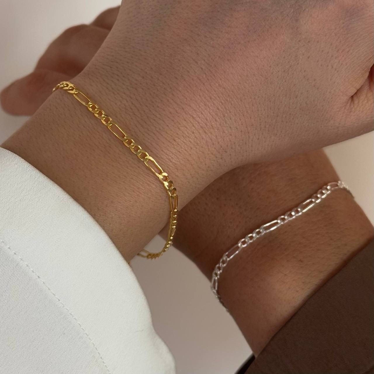 FİGARO CHAIN LETTER DOUBLE COUPLE BRACELET | 925 SILVER GOLD PLATED