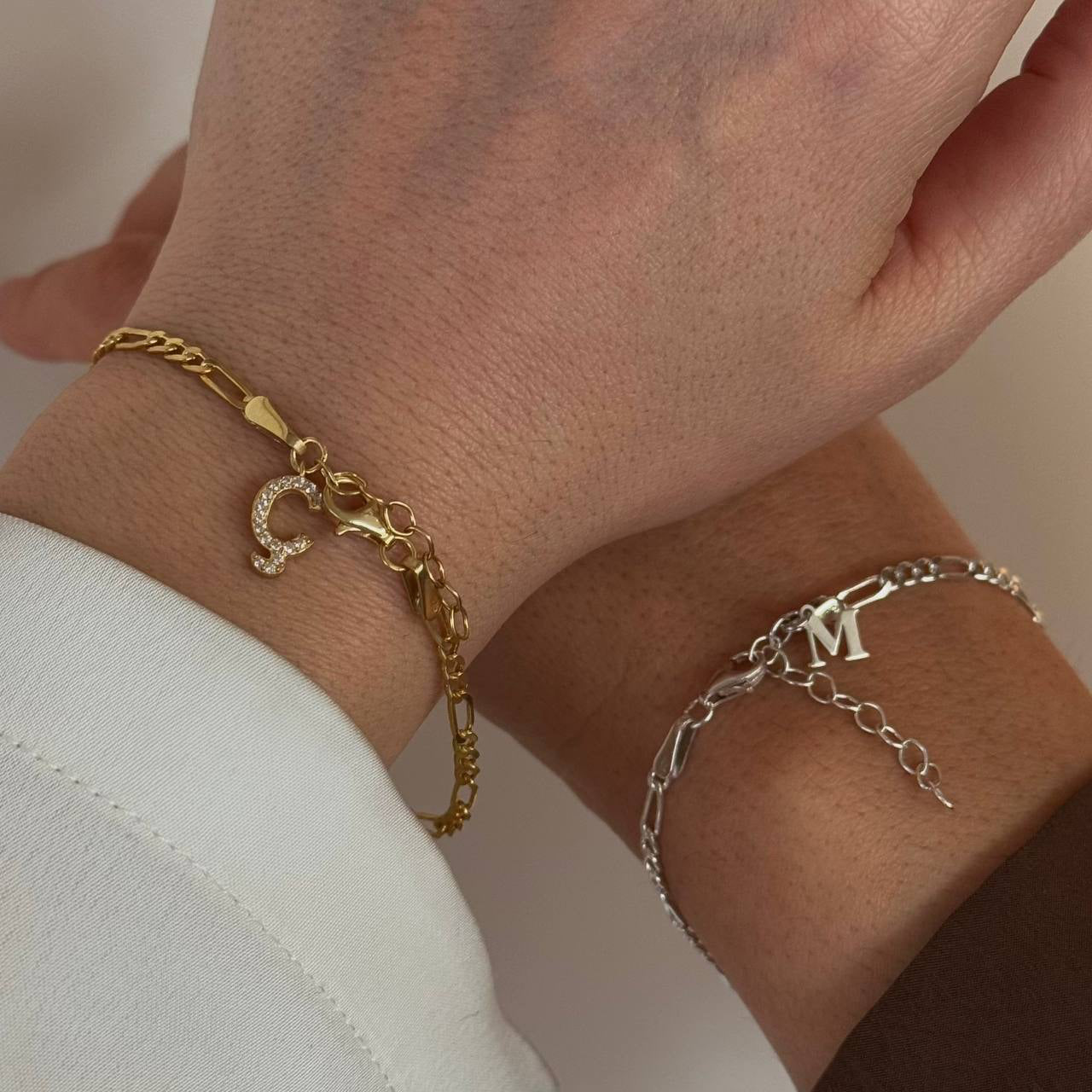 FİGARO CHAIN LETTER DOUBLE COUPLE BRACELET | 925 SILVER GOLD PLATED