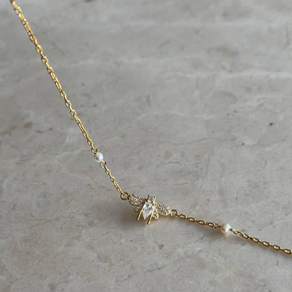 PEARL AND STONE BEE BRACELET | 925 SILVER GOLD PLATED