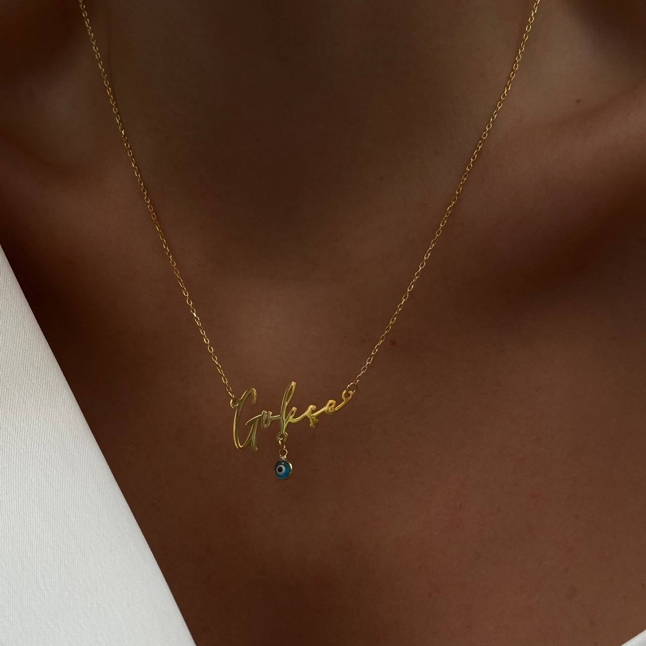 HORIZONTAL NAME NECKLACE WITH NAZAAR DANGLE | 925 SILVER GOLD PLATED