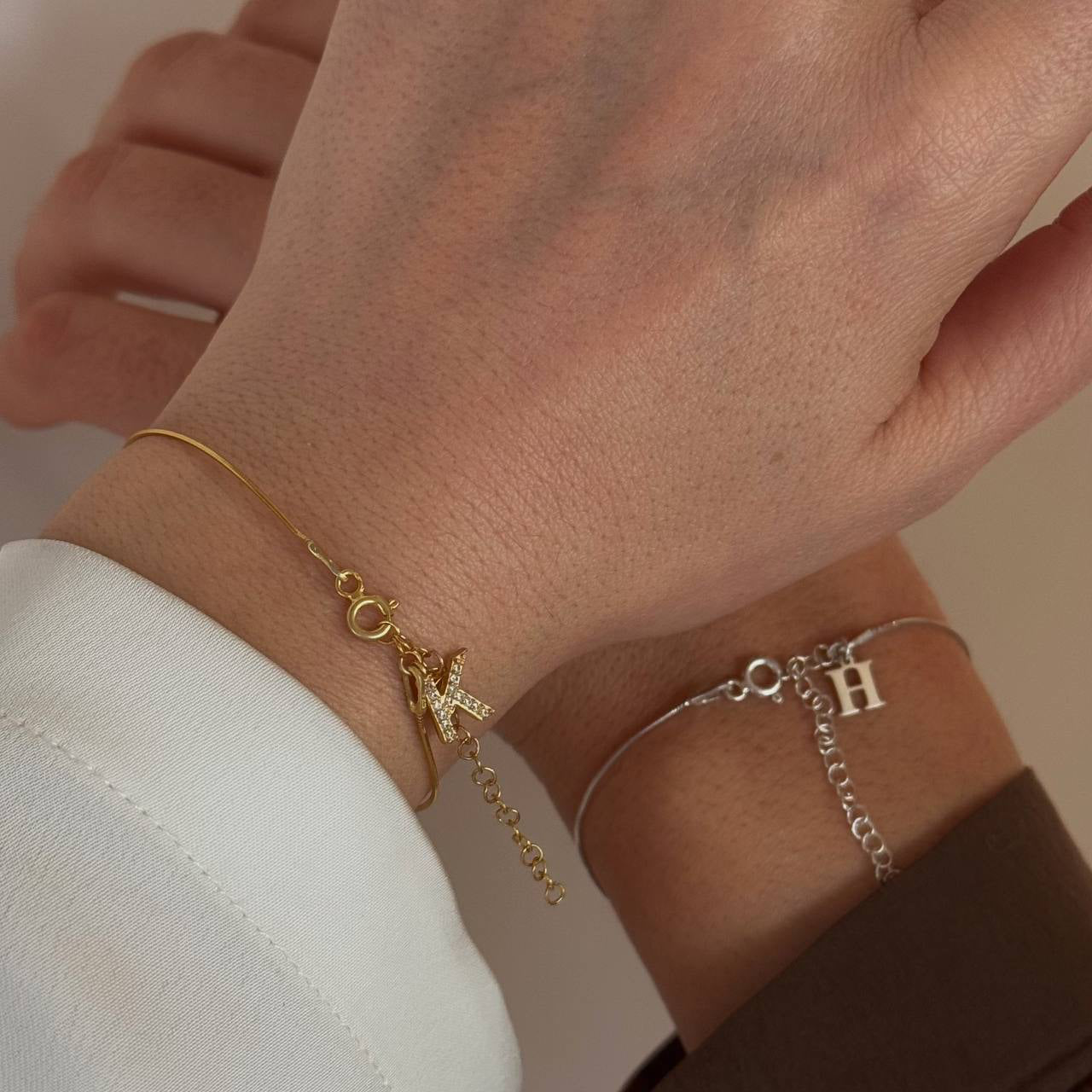 THIN SNAKE CHAIN LETTERED DOUBLE COUPLE BRACELET | 925 SILVER GOLD PLATED