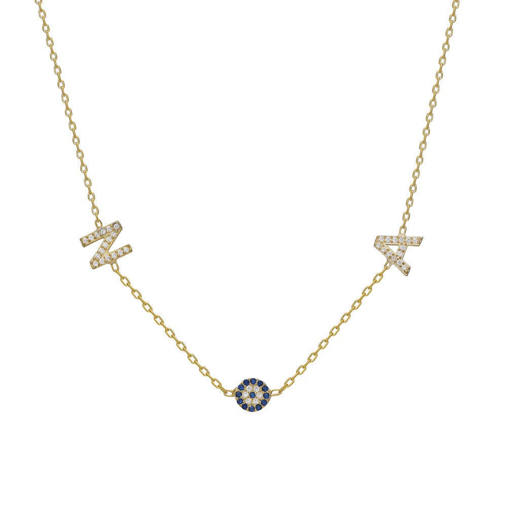 TWO LETTER ZIRCON AND NAZAAR STONE NECKLACE | 925 SILVER GOLD PLATED