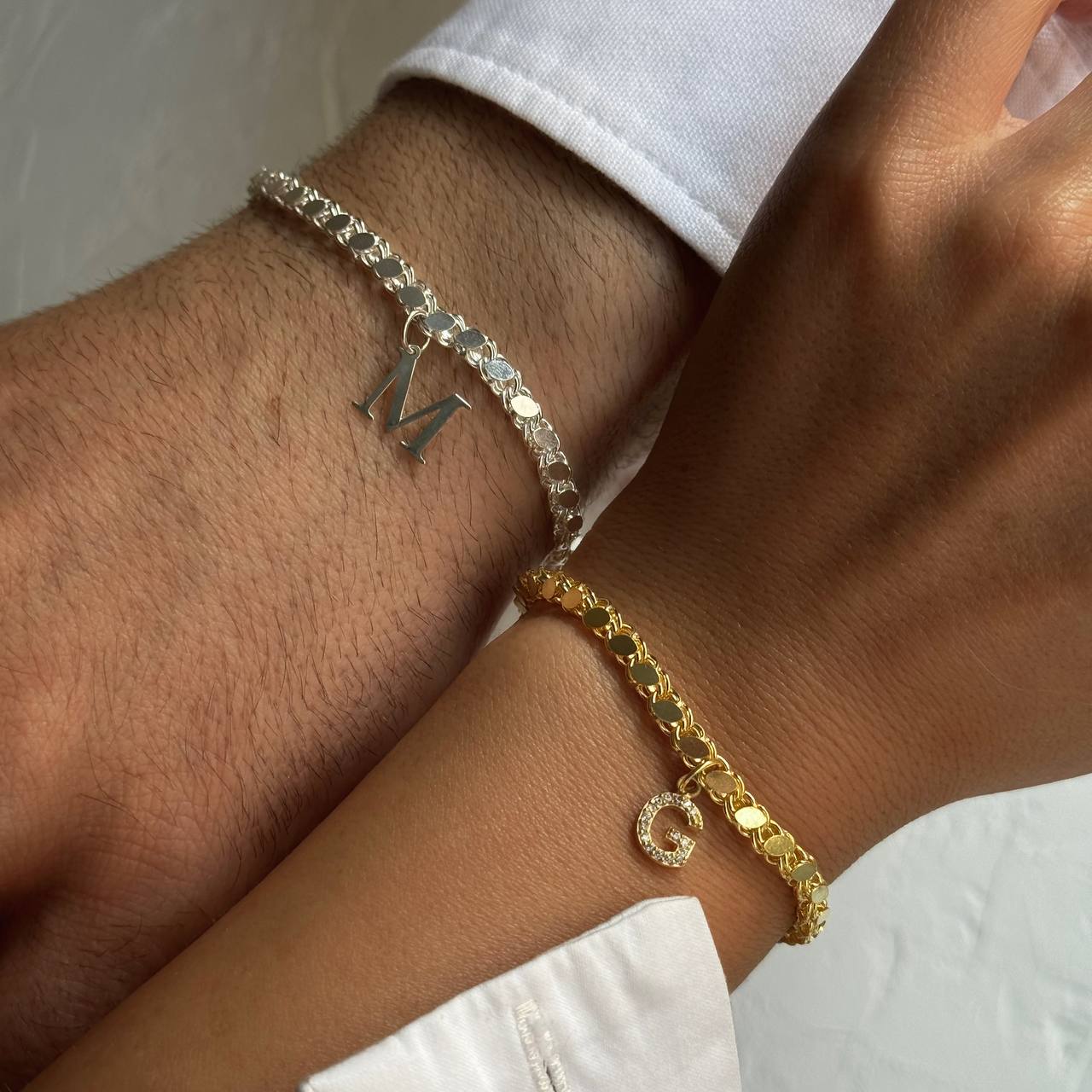 SEQUIN CHAIN LETTER COUPLE BRACELET | 925 SILVER GOLD PLATED
