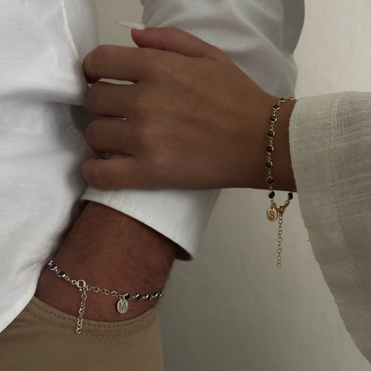 FULL STONE PLATE LETTER COUPLE BRACELET | 925 SILVER GOLD PLATED