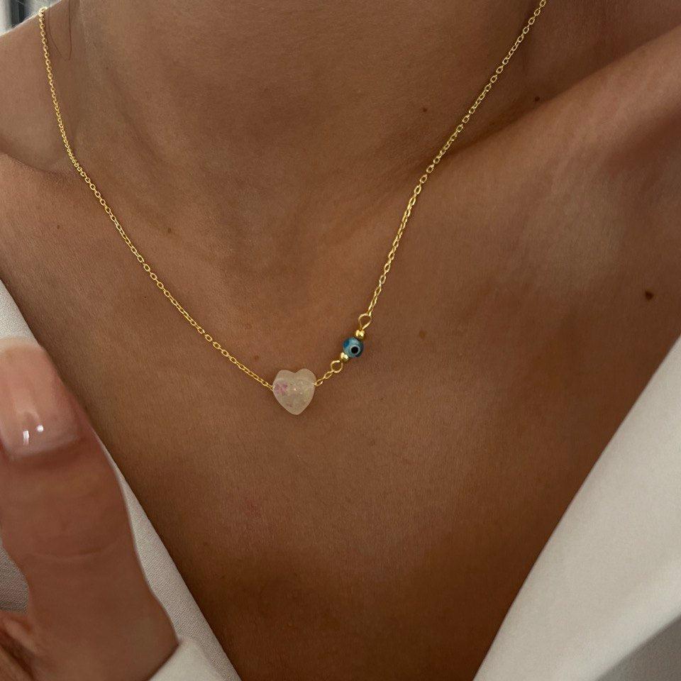 WHITE HEART FATMA MOTHER HAND NECKLACE | 925 SILVER GOLD PLATED
