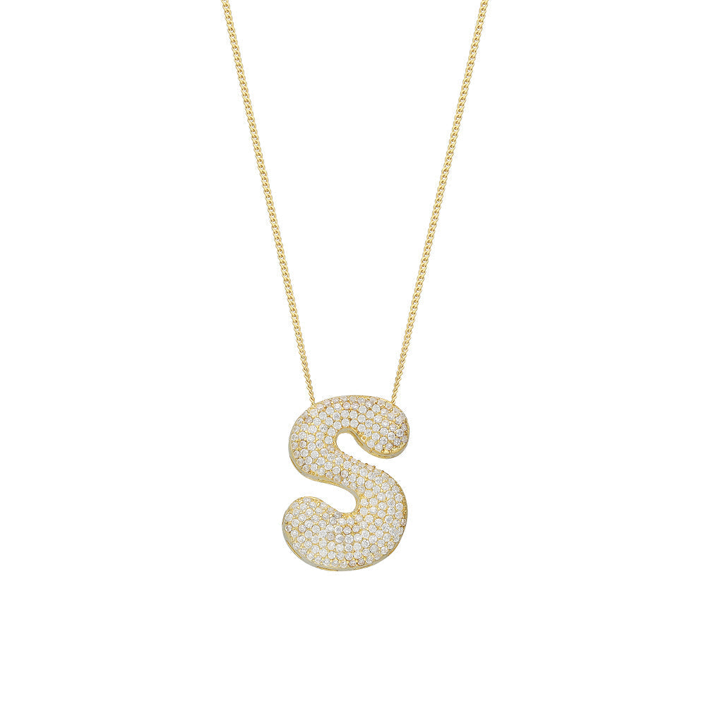 LARGE ASYMMETRIC LETTER NECKLACE WITH STONES | 925 SILVER GOLD PLATED