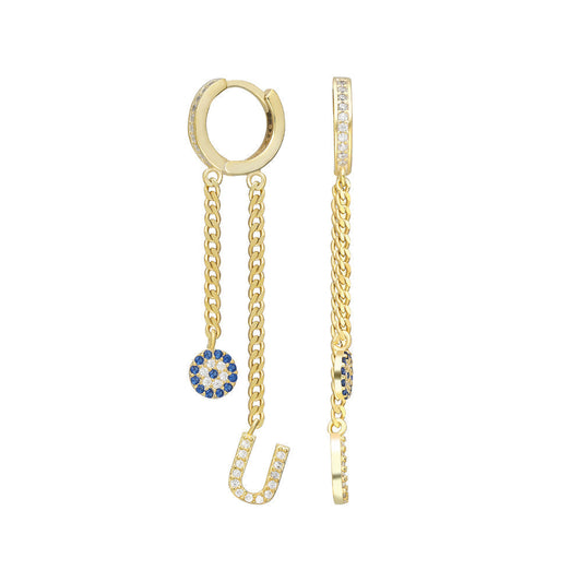 DOUBLE DANGLE NAZAAR AND LETTER EARRINGS / 925 SILVER GOLD PLATED