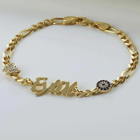 NAME BABY BRACELET WITH NAZAAR AND BUTTERFLY DETAILS | 925 SILVER GOLD PLATED
