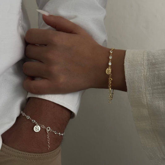 FULL STONE PLATE LETTERED COUPLE BRACELETS | 925 SILVER GOLD PLATED