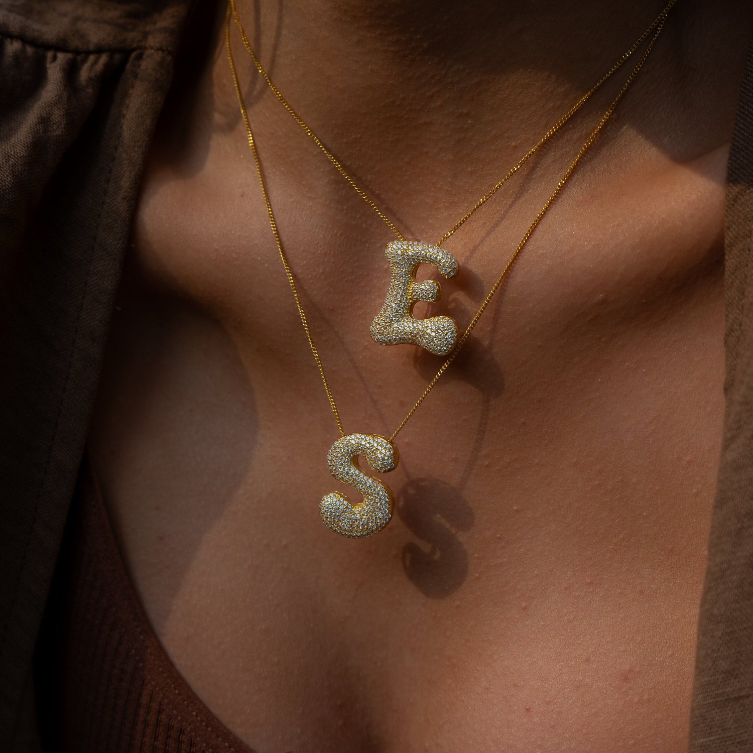 LARGE ASYMMETRIC LETTER NECKLACE WITH STONES | 925 SILVER GOLD PLATED