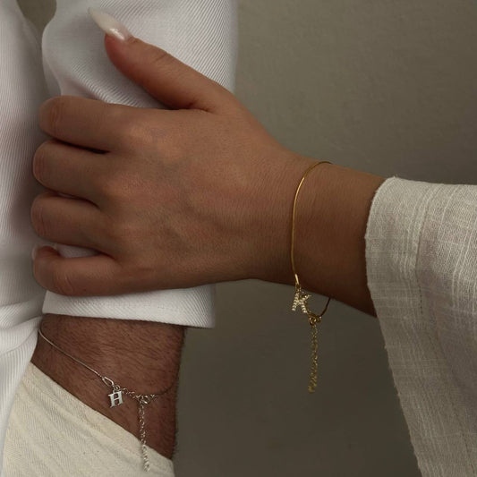 THIN SNAKE CHAIN LETTERED DOUBLE COUPLE BRACELET | 925 SILVER GOLD PLATED