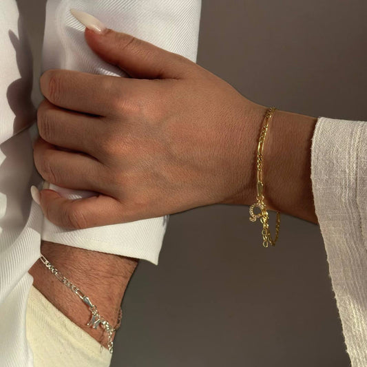 FİGARO CHAIN LETTER DOUBLE COUPLE BRACELET | 925 SILVER GOLD PLATED
