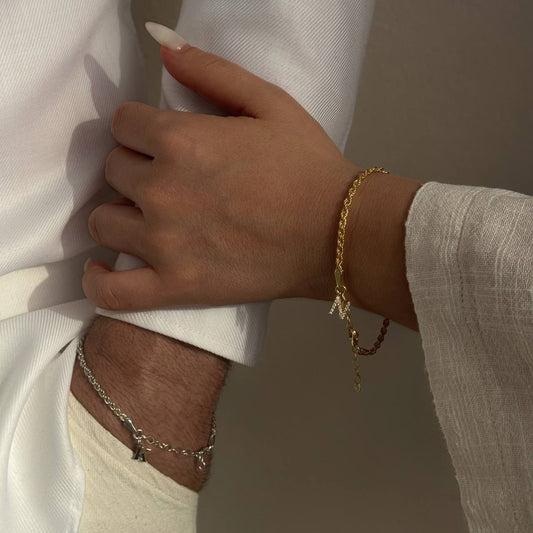 ROPE CHAIN LETTER DOUBLE BRACELET | 925 SILVER GOLD PLATED