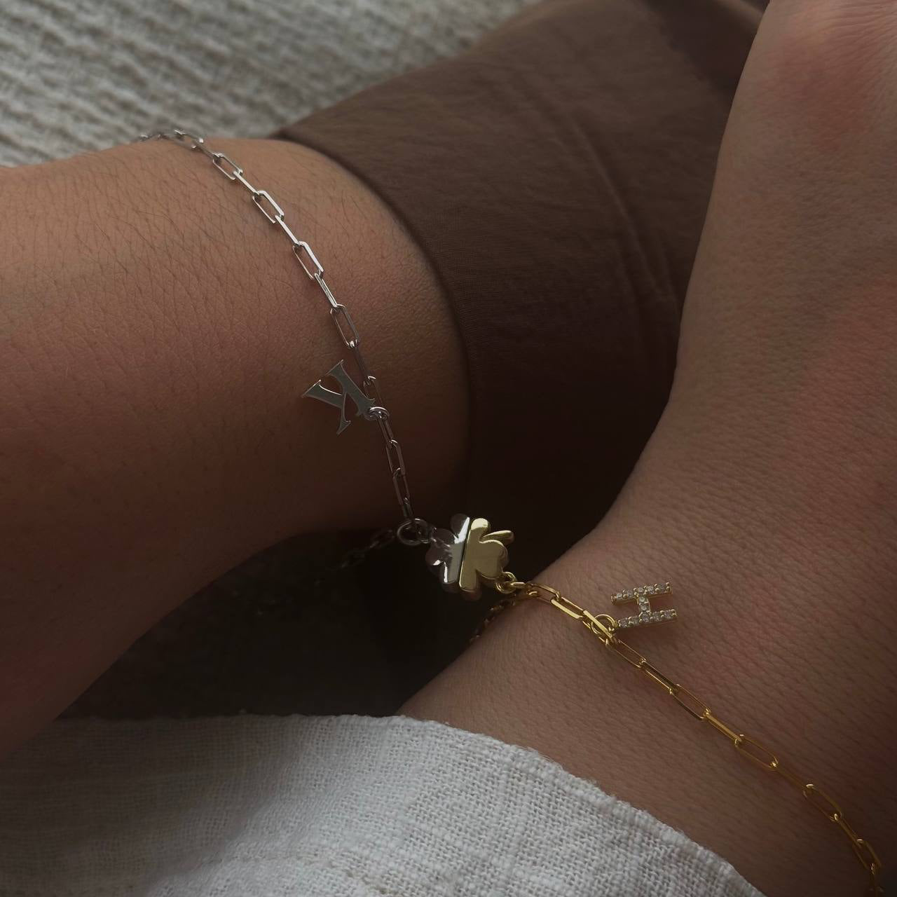 MAGNETIC CLOVER LETTER DOUBLE COUPLE BRACELET | 925 SILVER GOLD PLATED