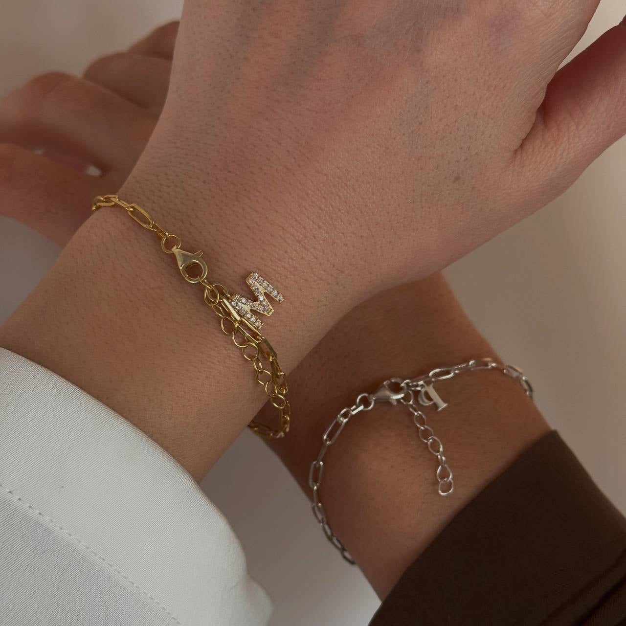 SWITCH CHAIN LETTER DOUBLE BRACELET | 925 SILVER GOLD PLATED