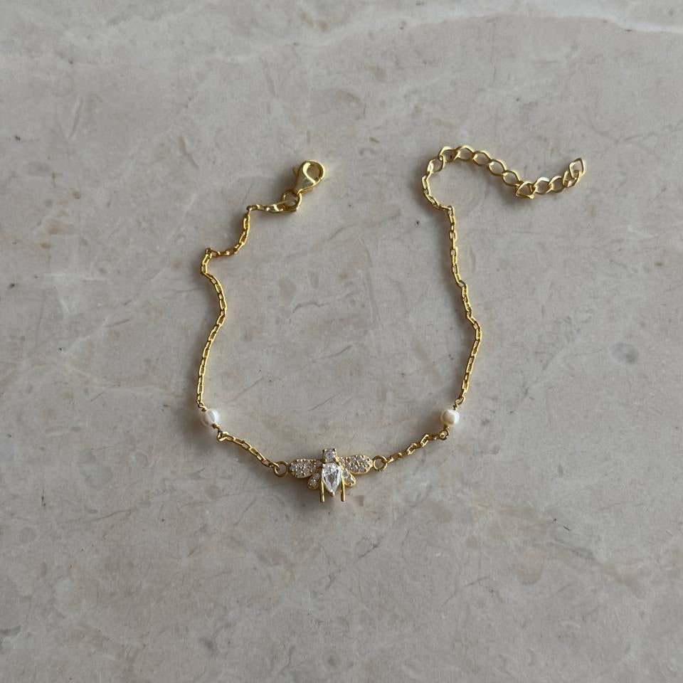 PEARL AND STONE BEE BRACELET | 925 SILVER GOLD PLATED