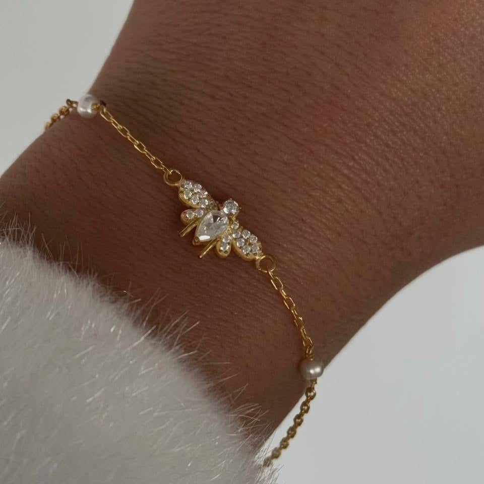 PEARL AND STONE BEE BRACELET | 925 SILVER GOLD PLATED