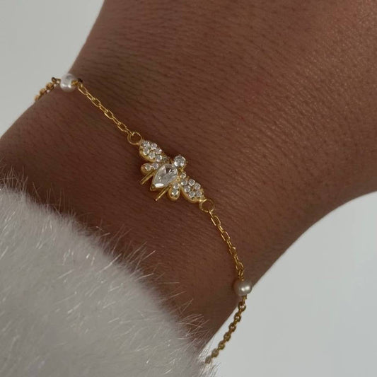 PEARL AND STONE BEE BRACELET | 925 SILVER GOLD PLATED