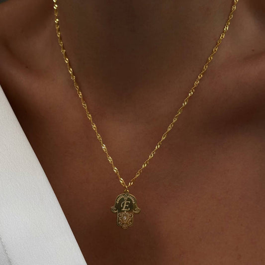 FATMA MOTHER'S HAND NECKLACE WITH LETTERS | 925 SILVER GOLD PLATED