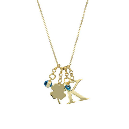 DOUBLE NAZAAR AND LETTER CLOVER NECKLACE | 925 SILVER