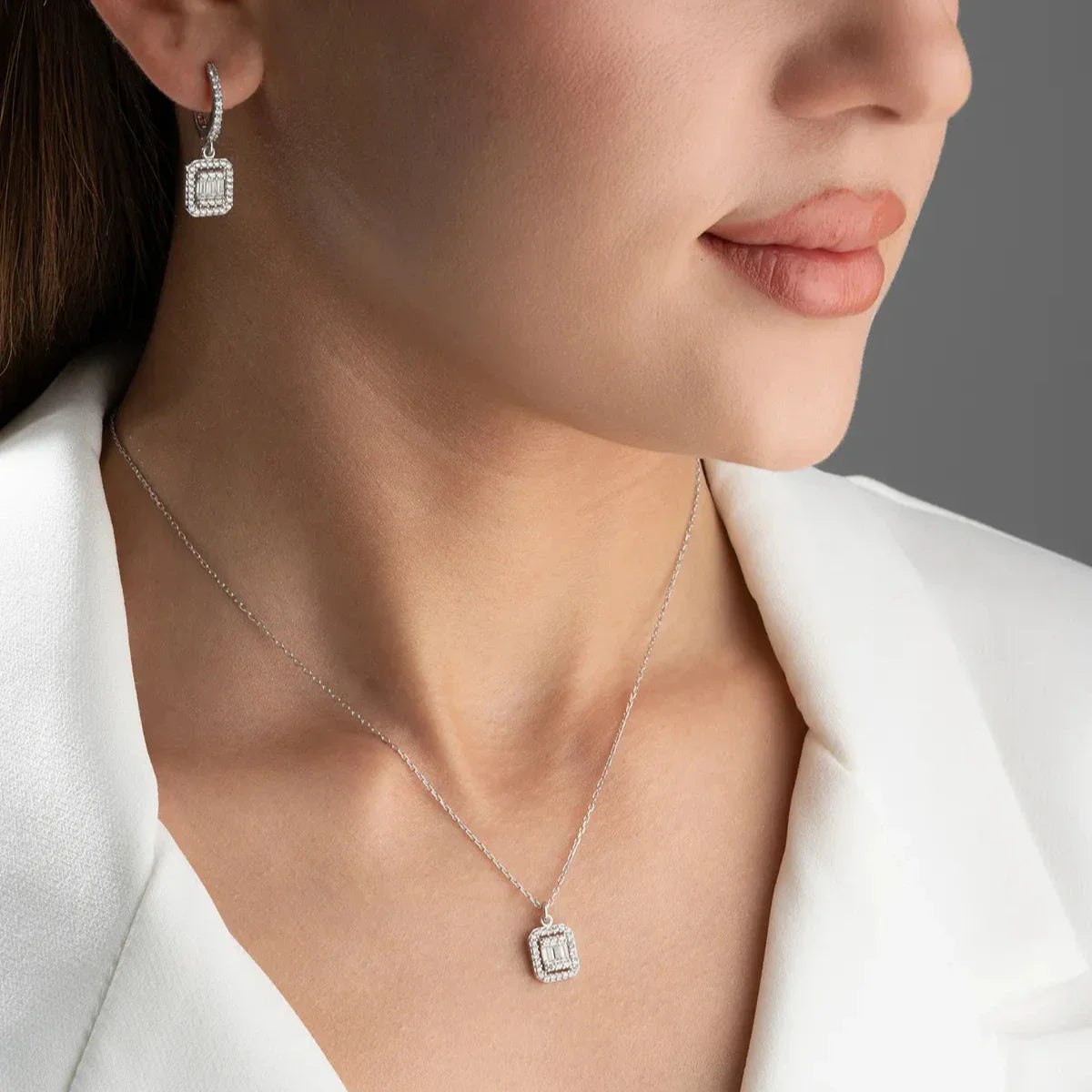 Zirkon Taşlı Baget Kolye-Küpe Set | 925 Ayar Gümüş