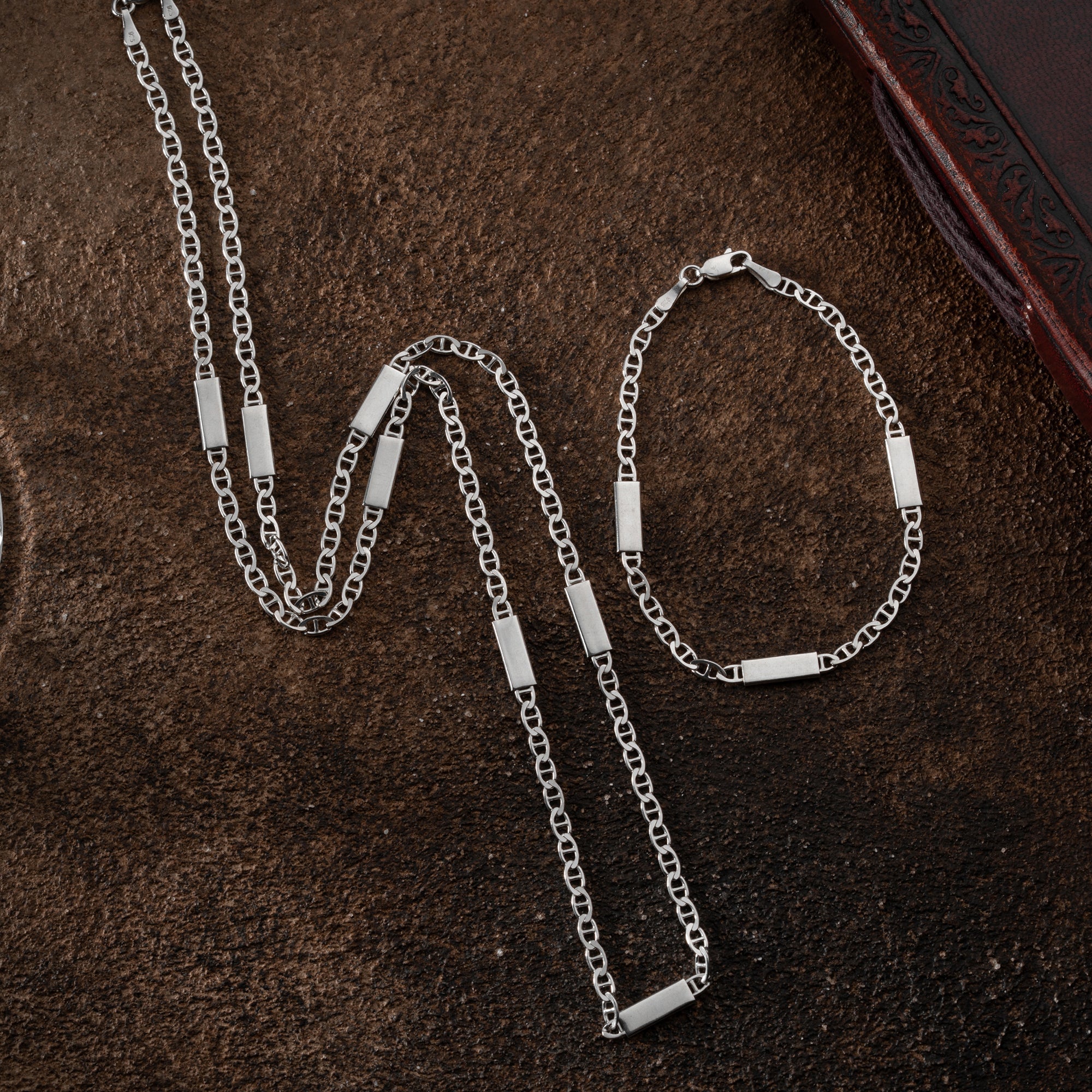 4.3 mm Plaka Detaylı Barlı Zincir Erkek Kolye-Bileklik Set | 925 Ayar Gümüş