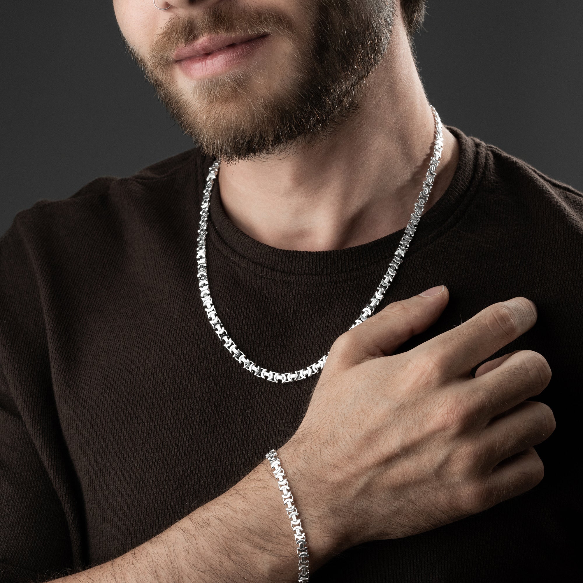 8 mm Euro Yassı Kral Zincir Erkek Kolye-Bileklik Set | 925 Ayar Gümüş