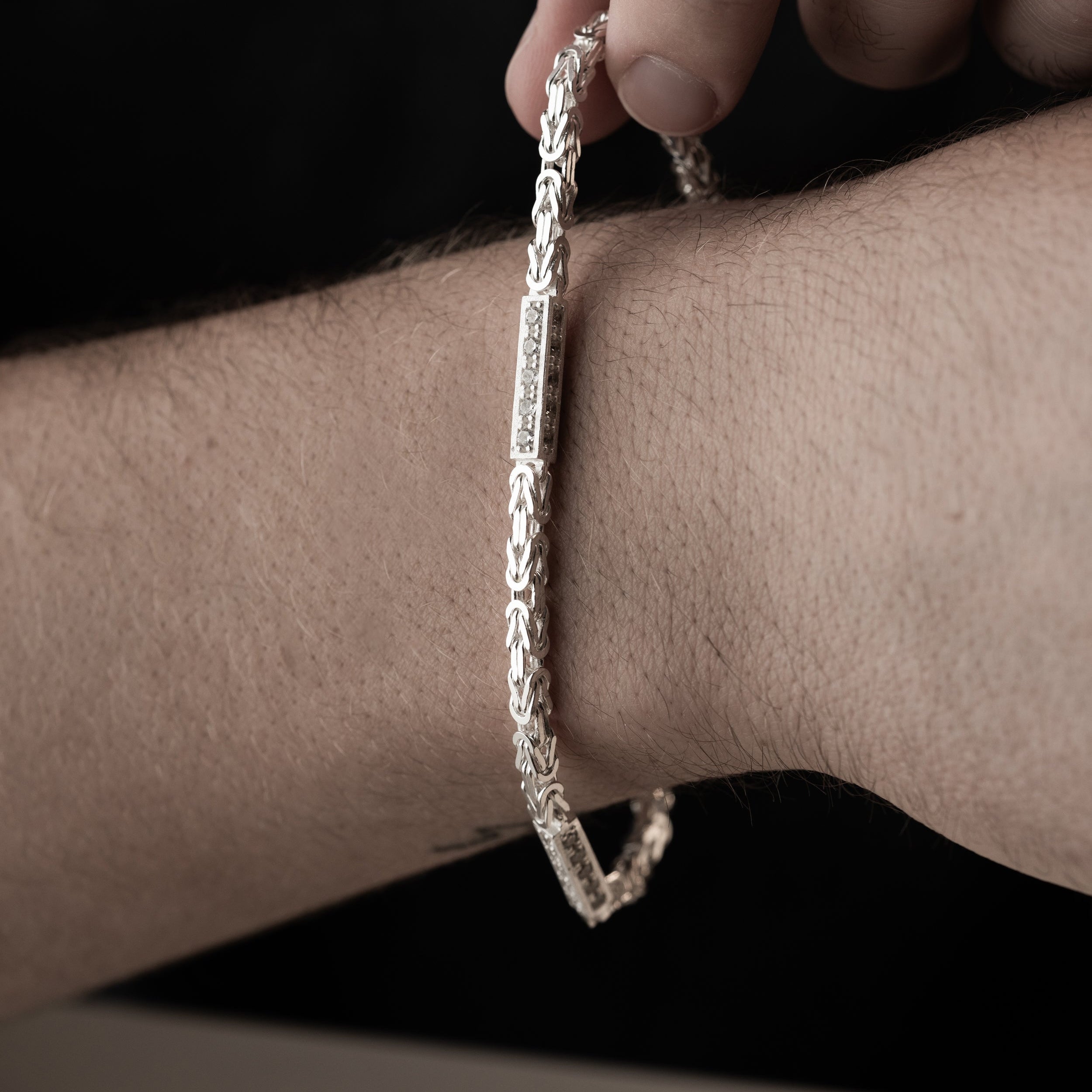 3 mm Zirkon Taşlı Kare Kral Zincir Erkek Bileklik | 925 Ayar Gümüş