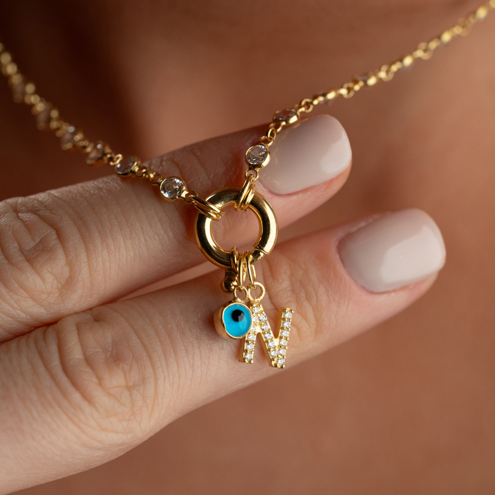 Kişiye Özel Harf Göz Nazar Sallantılı Tiffany Zincir Kolye | 925 Ayar Gümüş