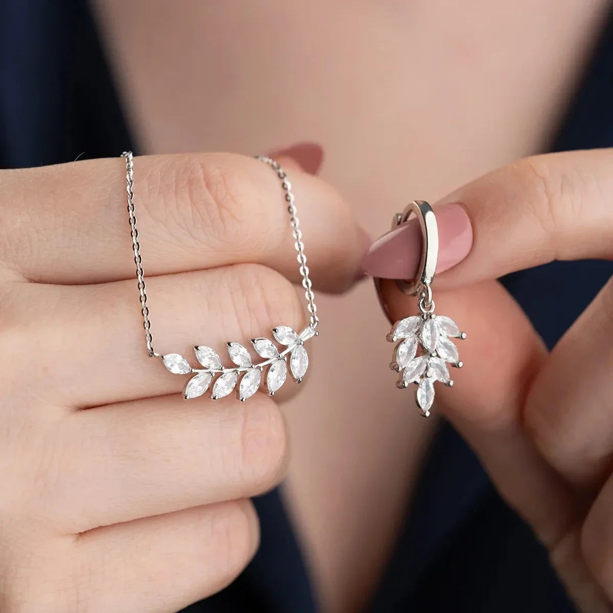 Mekik Taşlı Yaprak Kolye-Küpe Set | 925 Ayar Gümüş