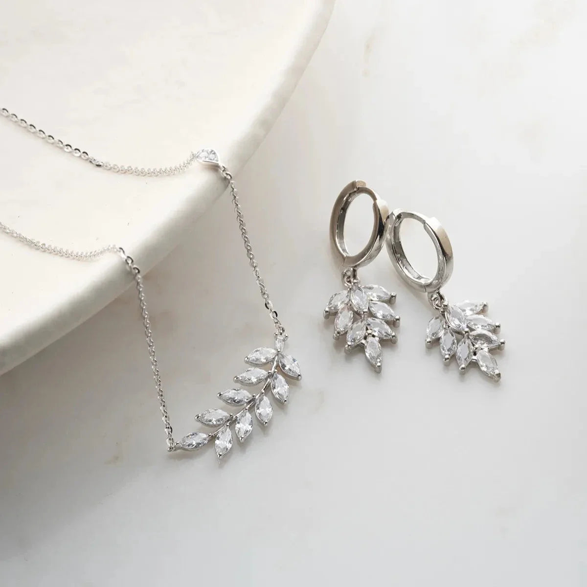 Mekik Taşlı Yaprak Kolye-Küpe Set | 925 Ayar Gümüş