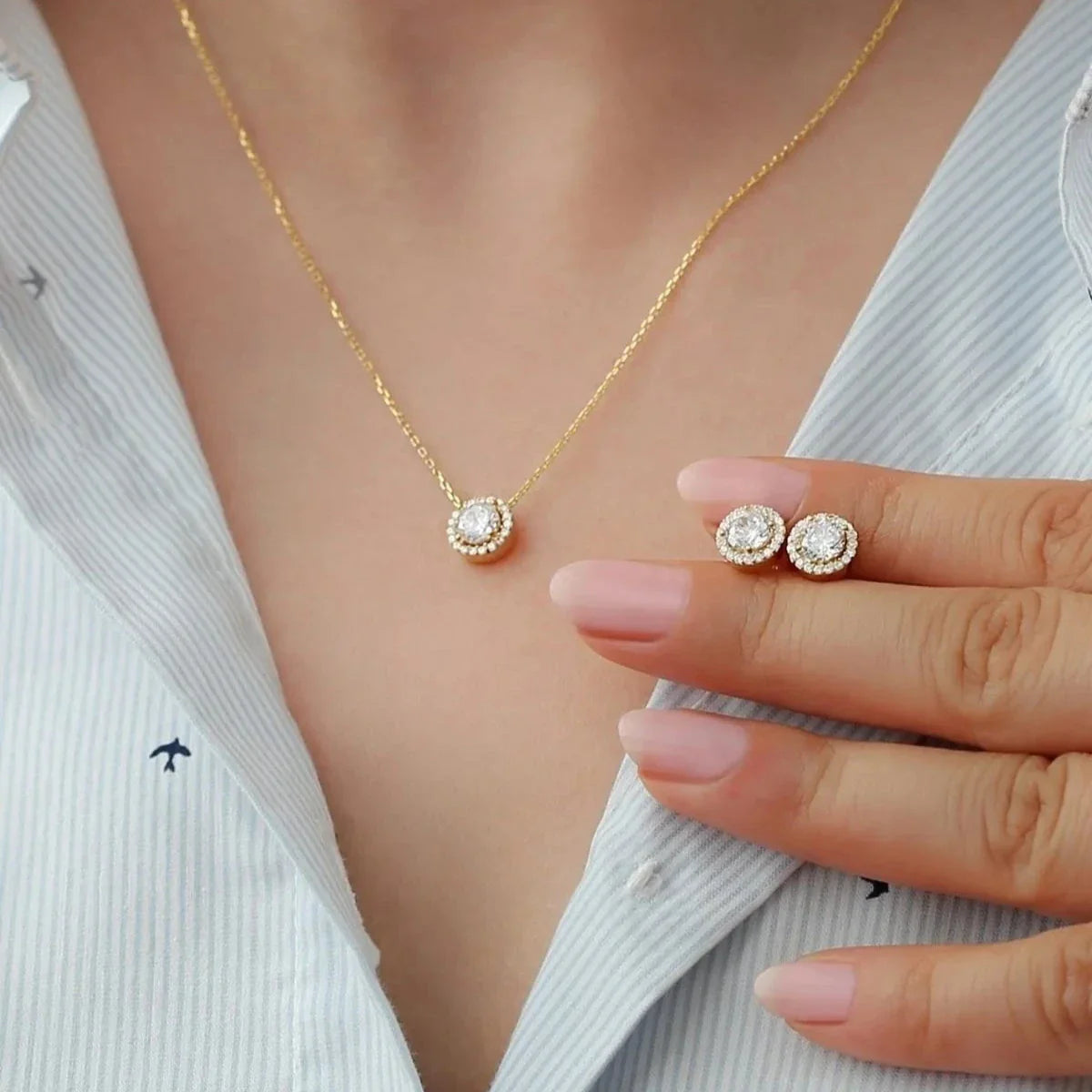 Pırlanta Montür Zirkon Taşlı Kolye-Küpe Set | 925 Ayar Gümüş