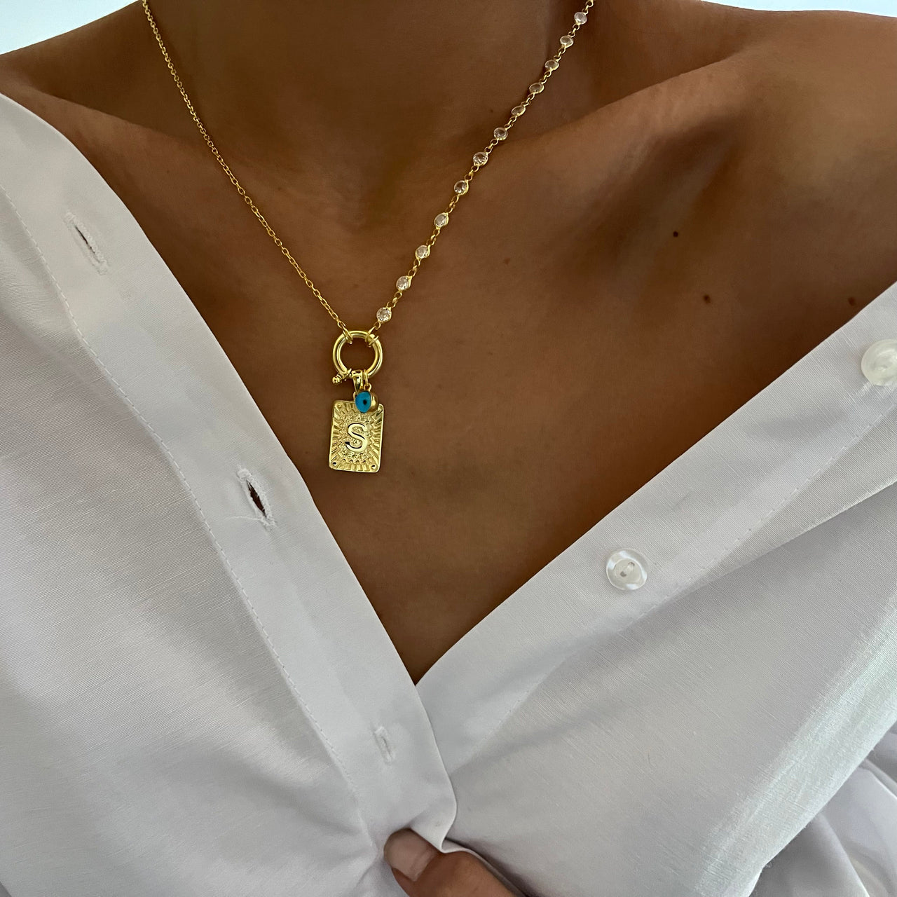 Kişiye Özel Harfli Tiffany Taşlı Zincir Kolye | 925 Ayar Gümüş