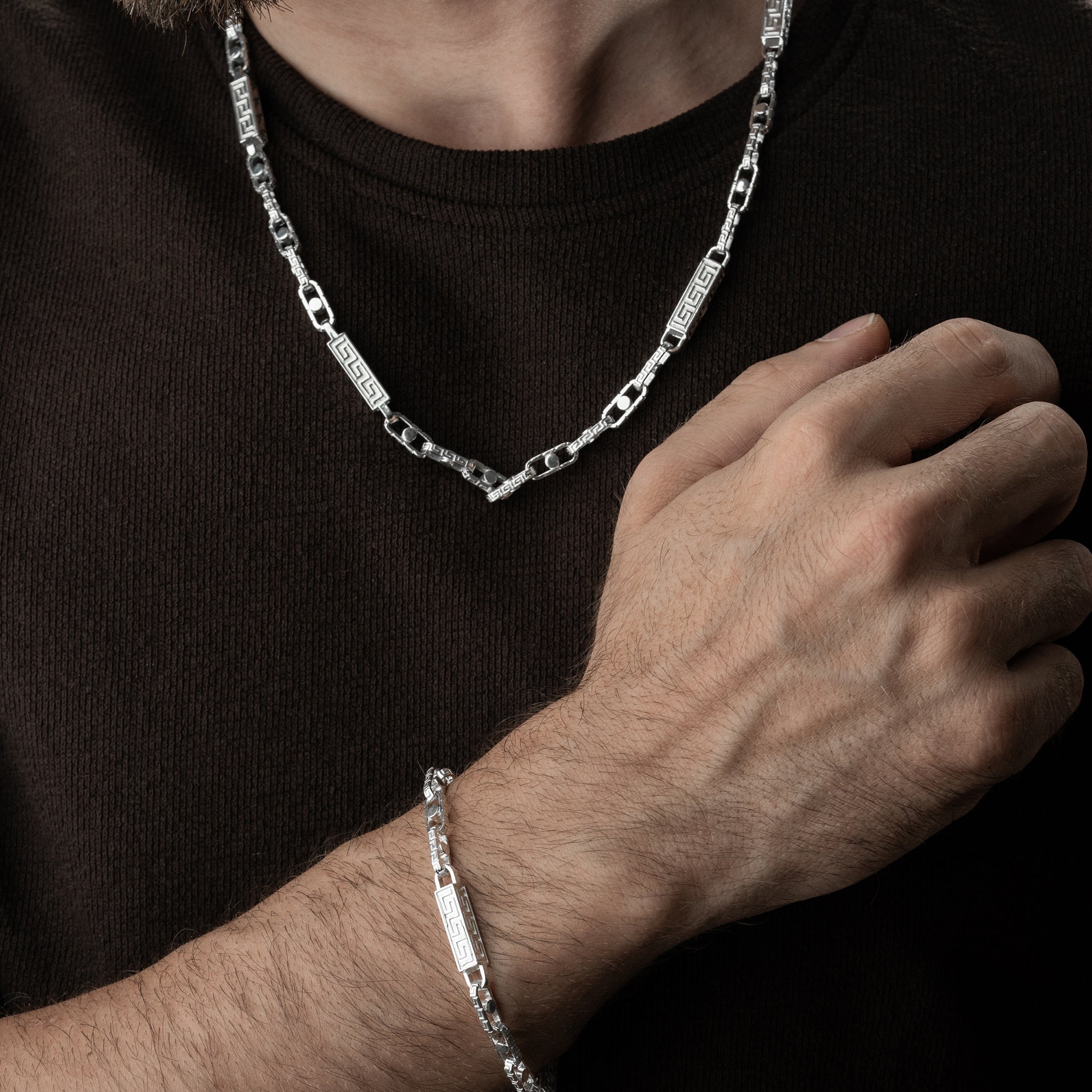 6 mm Greek Monte Carlo Zincir Erkek Kolye-Bileklik Set | 925 Ayar Gümüş