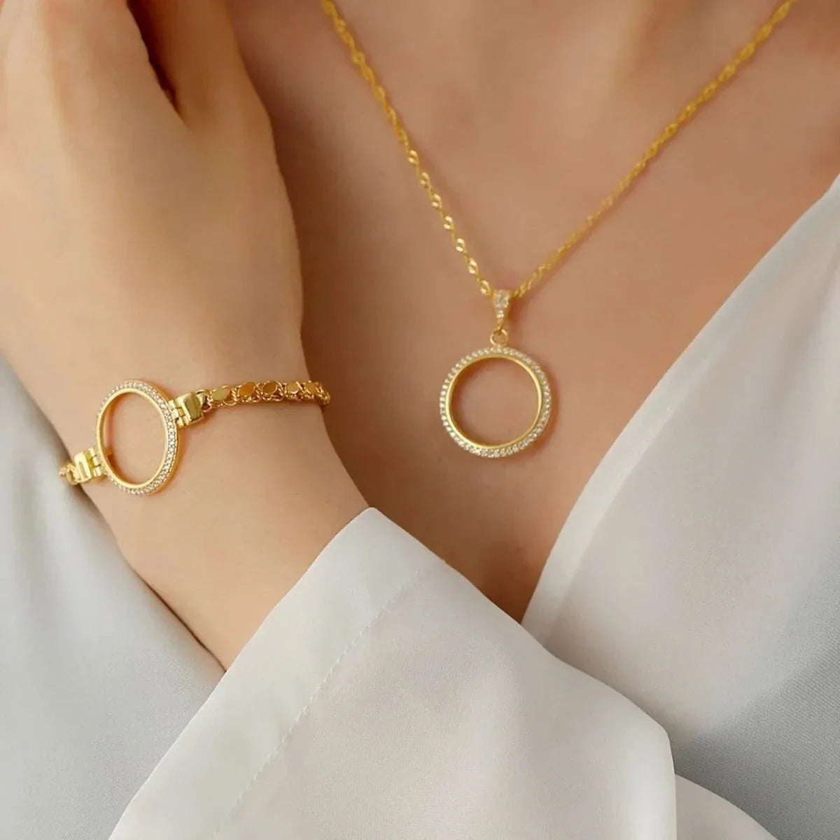 Zirkon Taşlı Çeyreklik Pullu Zincir Kolye-Bileklik Set | 925 Ayar Gümüş