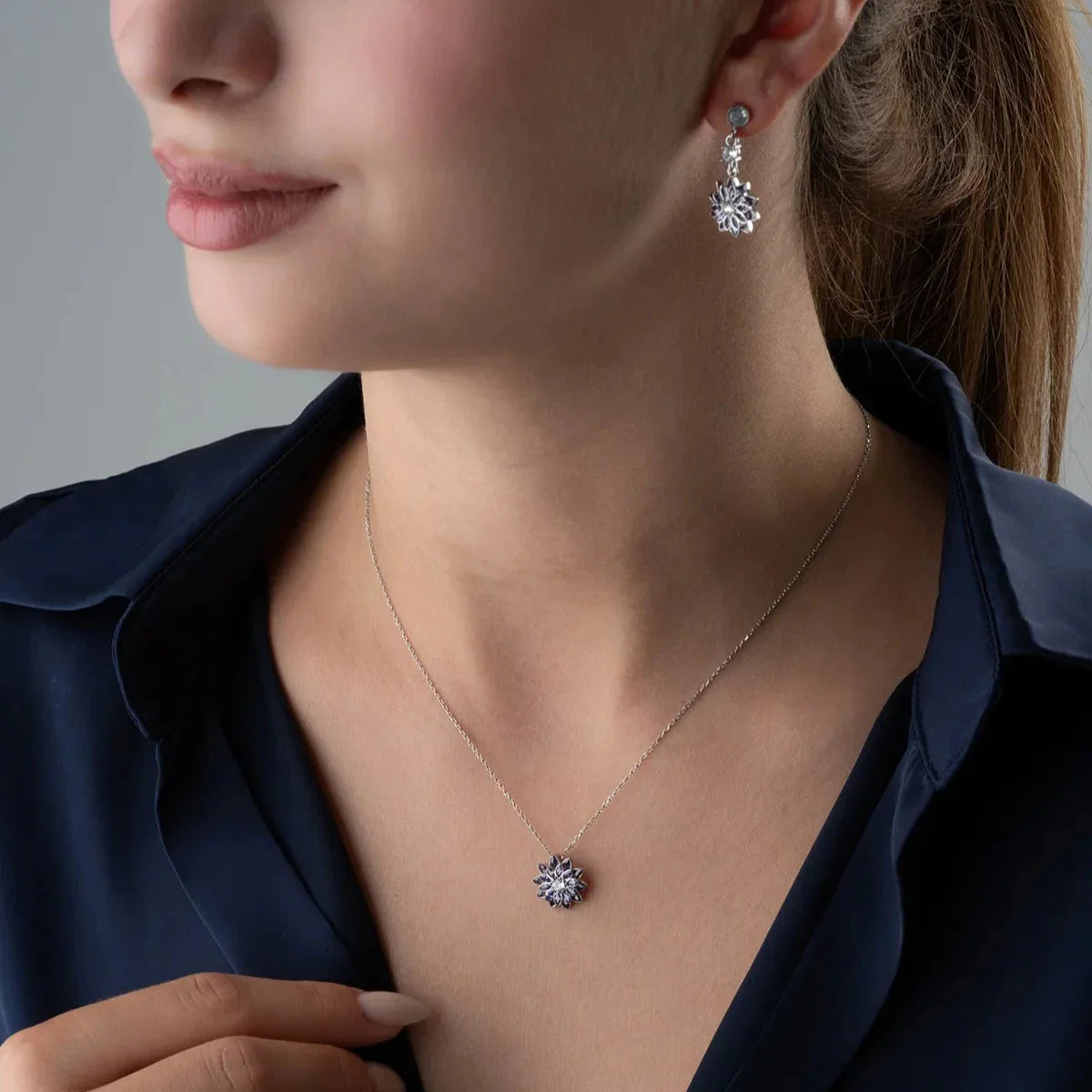 Ametist Taşlı Lotus Kolye-Küpe-Yüzük Set | 925 Ayar Gümüş