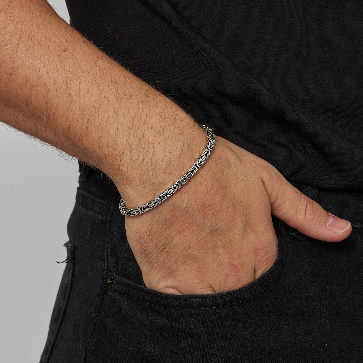 4 mm Oksitli Kare Kral Zincir Erkek Bileklik | 925 Ayar Gümüş