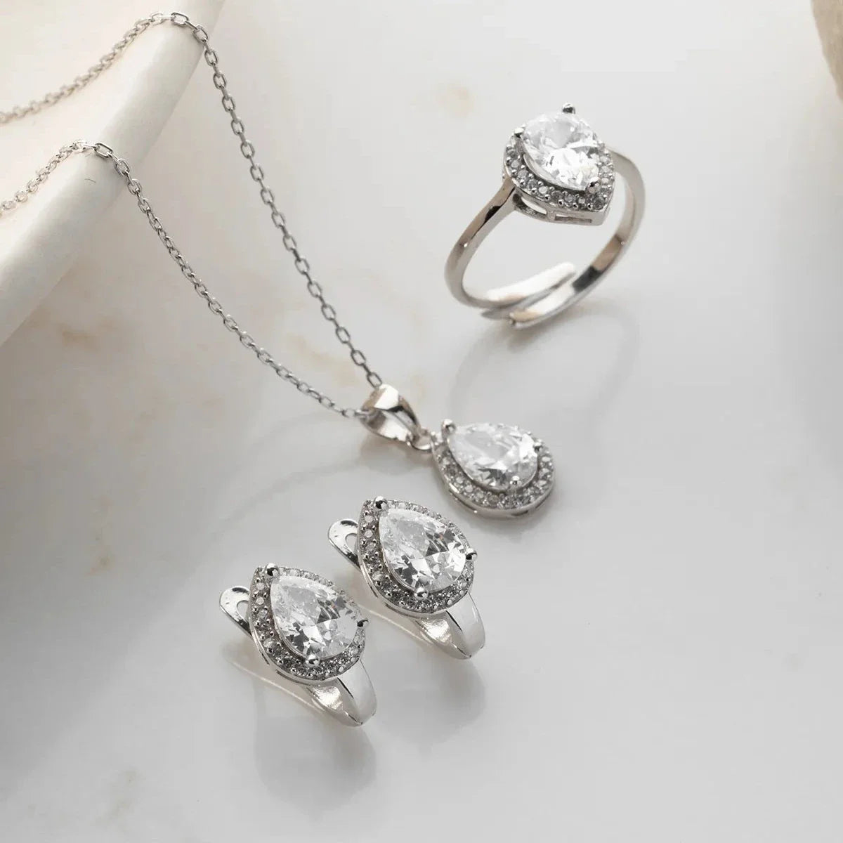 Zirkon Taşlı Damla Model Kolye-Küpe Set | 925 Ayar Gümüş