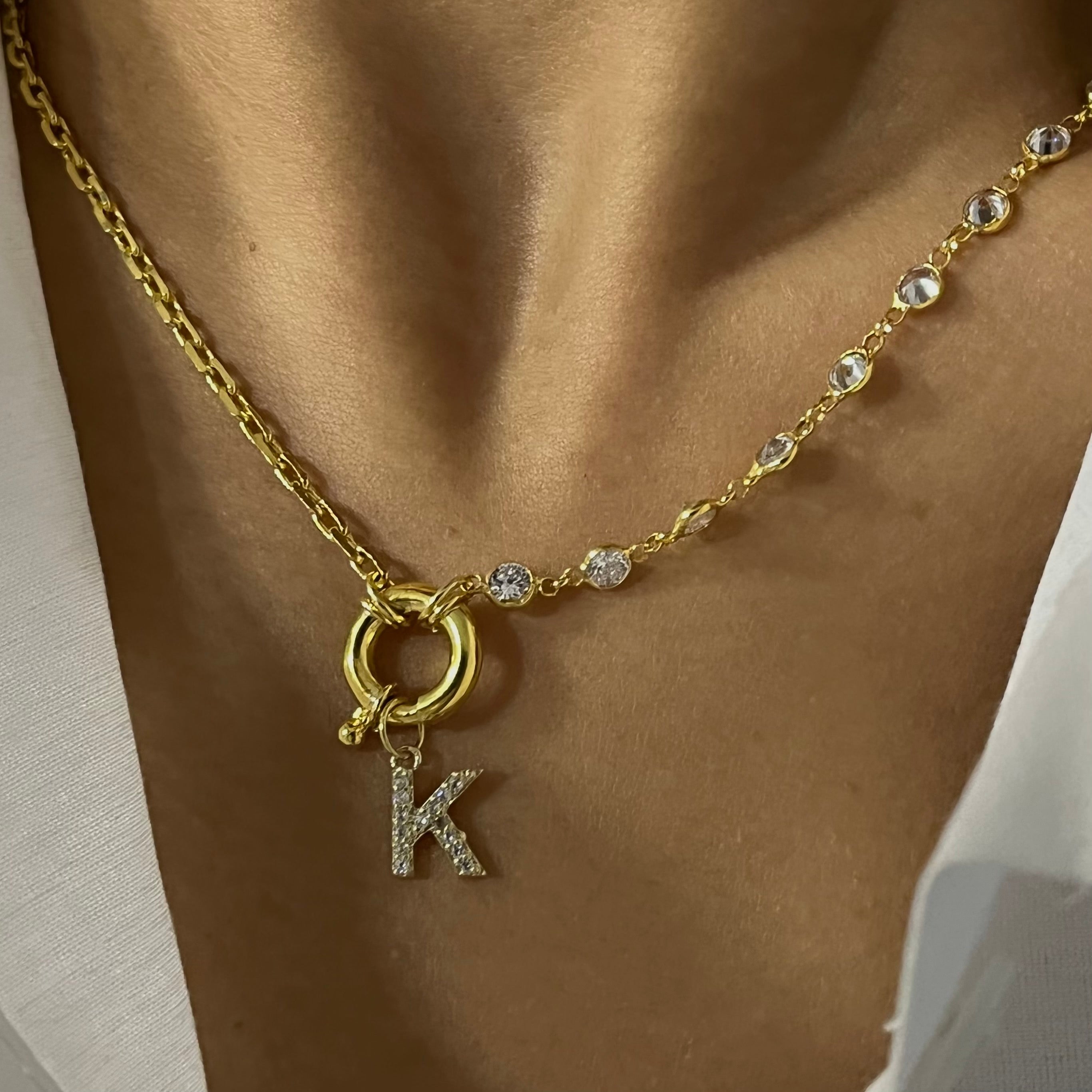Kişiye Özel Zirkon Taşlı Harf Sallantılı Tiffany Taşlı Zincir Kolye | 925 Ayar Gümüş