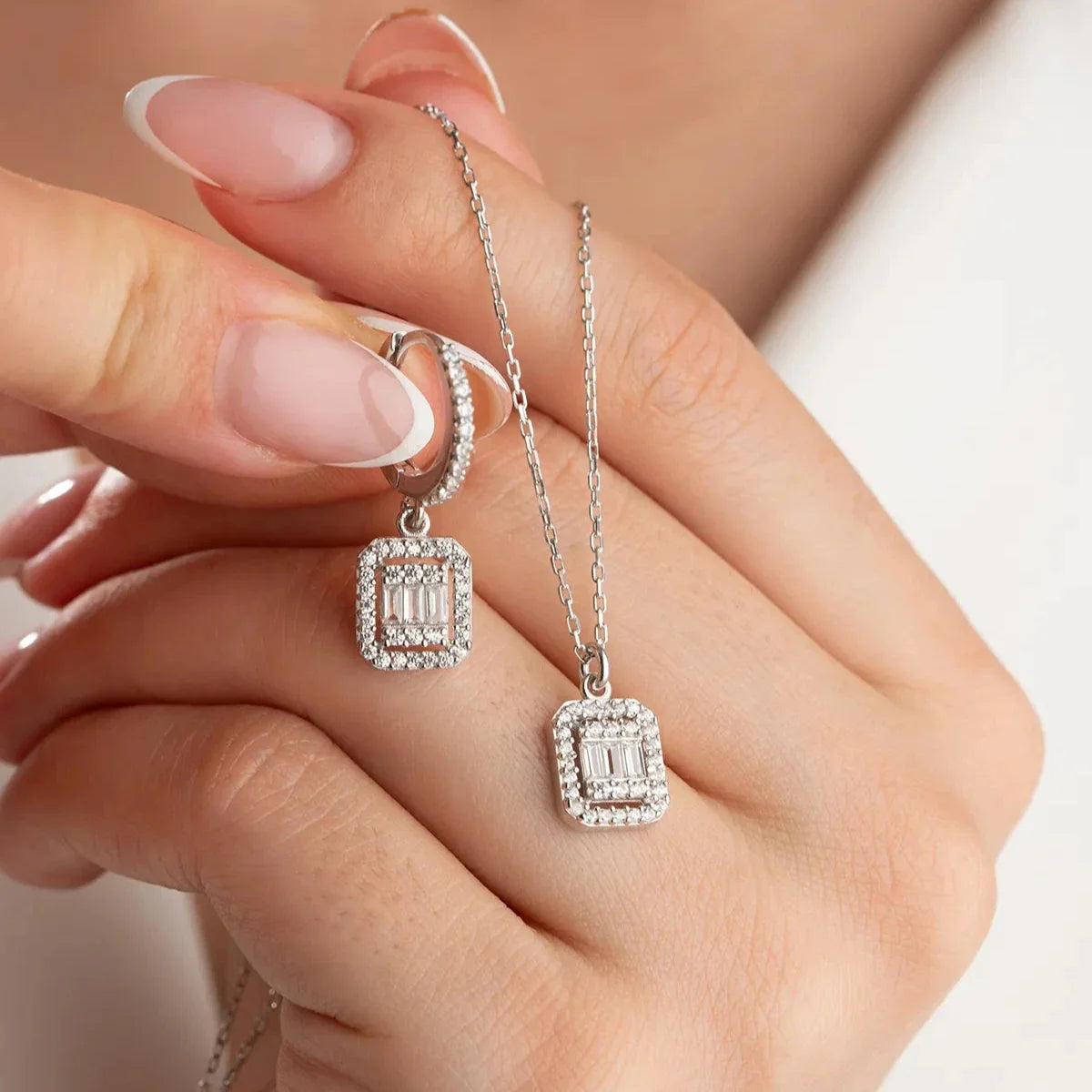 Zirkon Taşlı Baget Kolye-Küpe Set | 925 Ayar Gümüş