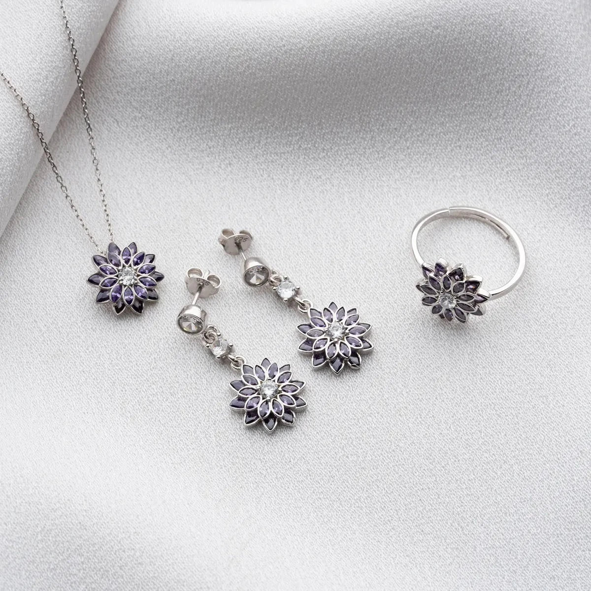 Ametist Taşlı Lotus Kolye-Küpe-Yüzük Set | 925 Ayar Gümüş