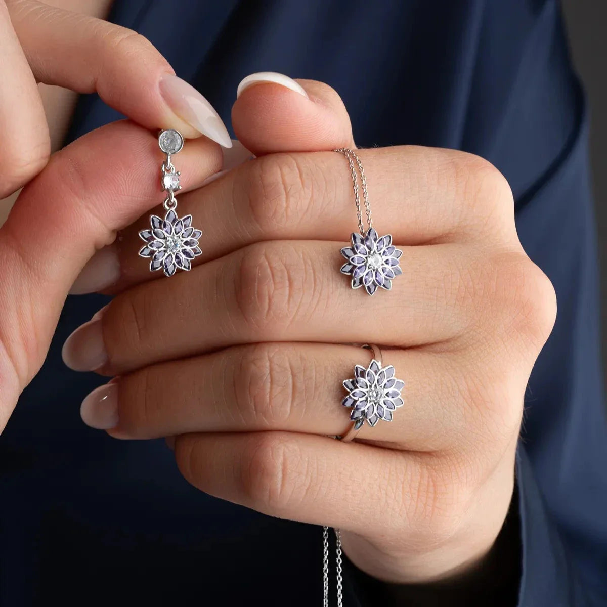 Ametist Taşlı Lotus Kolye-Küpe-Yüzük Set | 925 Ayar Gümüş