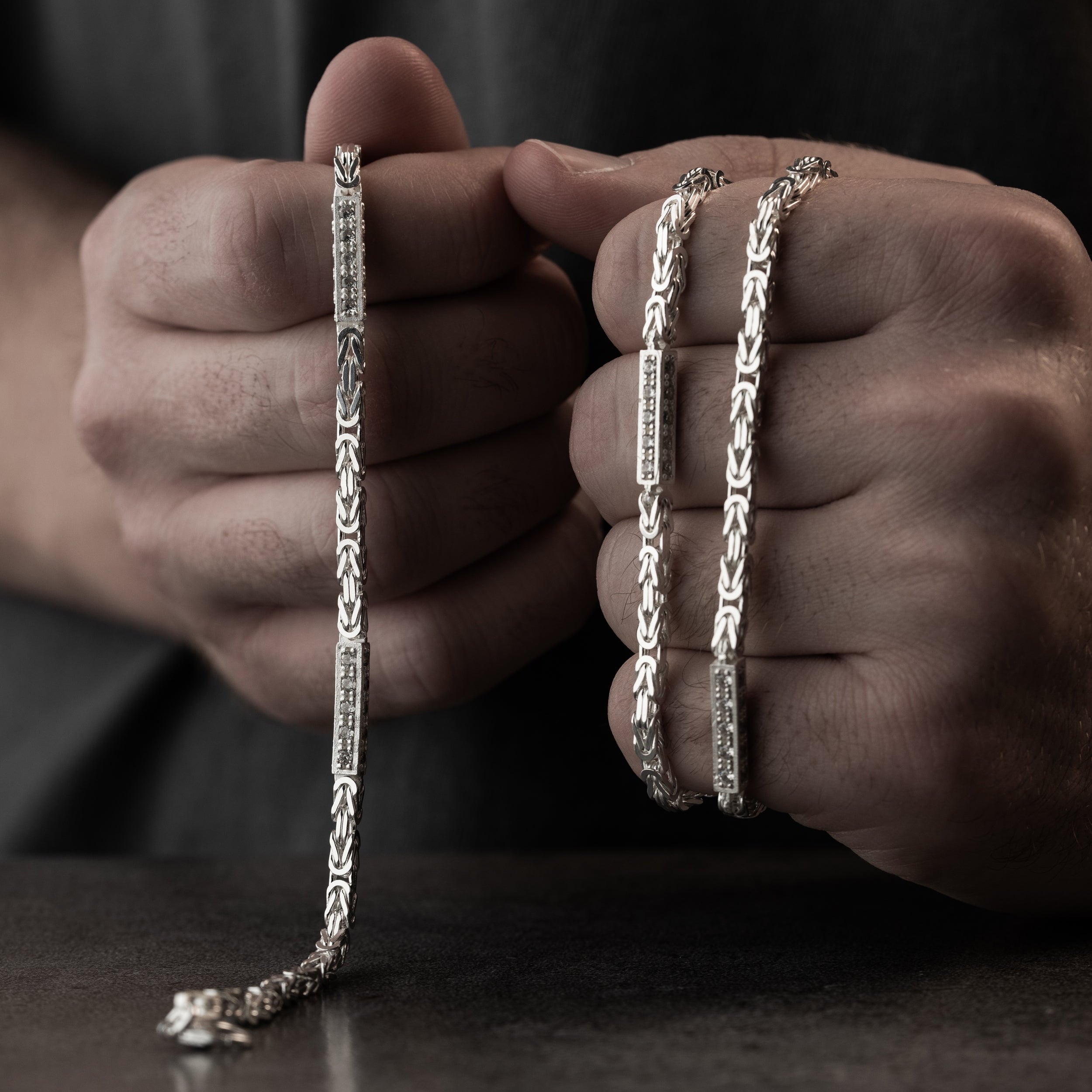 3 mm Zirkon Taşlı Kare Kral Zincir Erkek Kolye-Bileklik Set | 925 Ayar Gümüş