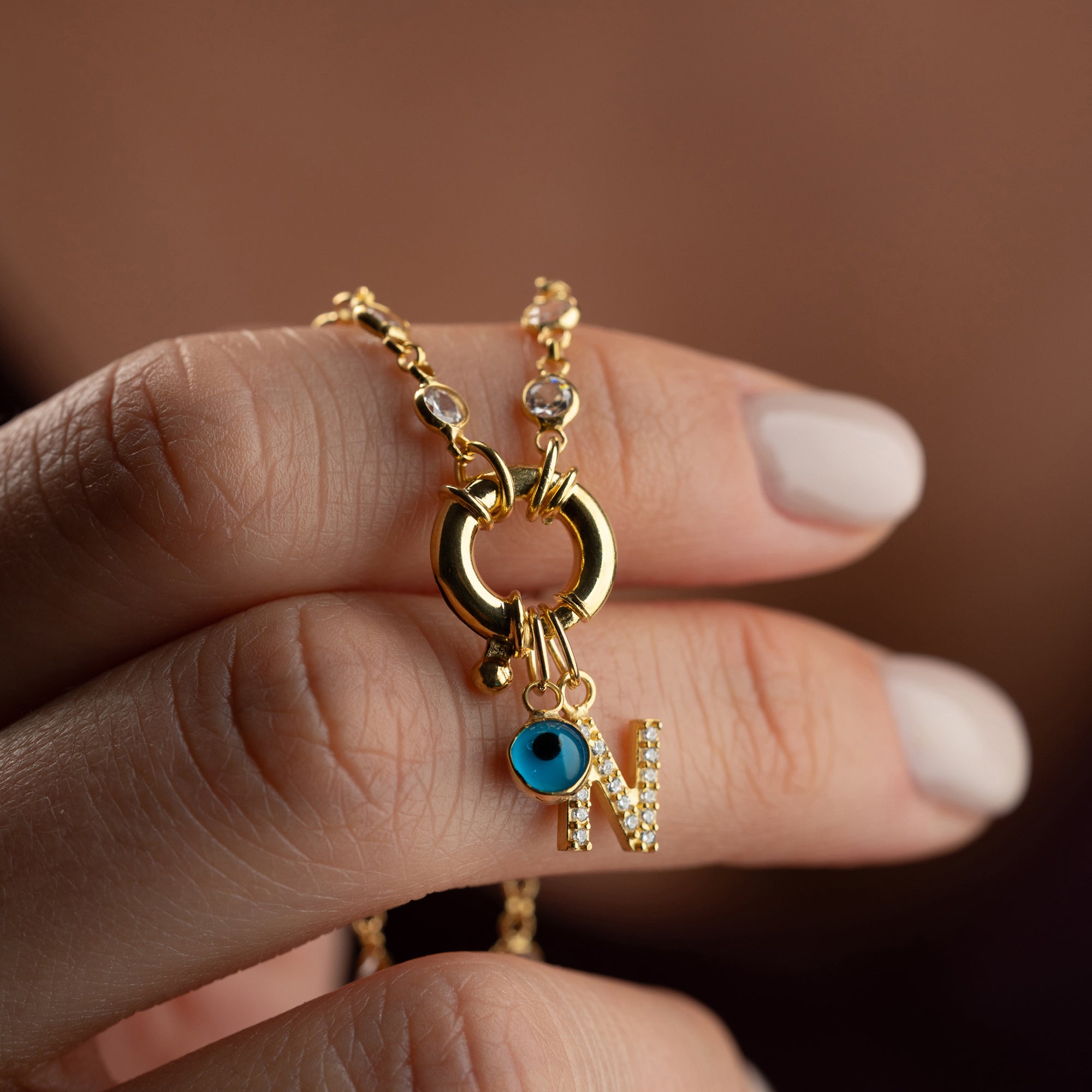 Kişiye Özel Harf Göz Nazar Sallantılı Tiffany Zincir Kolye | 925 Ayar Gümüş