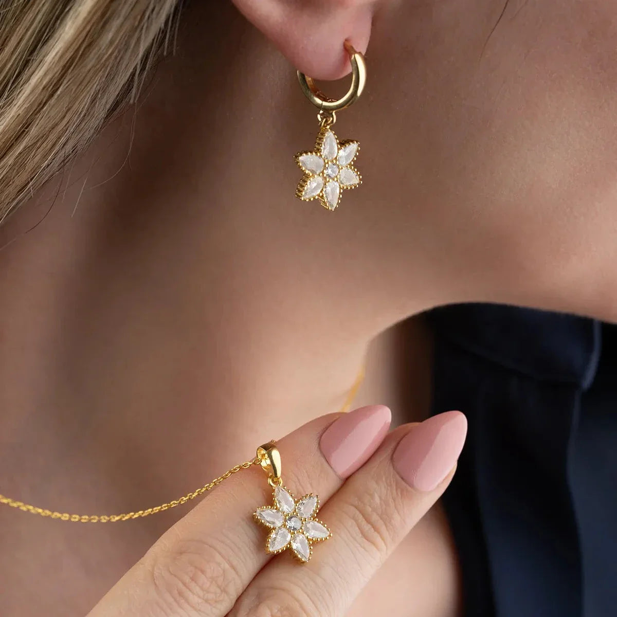 Damla Taşlı Lotus Kolye-Küpe Set | 925 Ayar Gümüş